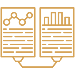 Gold line icon of two documents side-by-side connected by a bottom line. One with a line graph and the other with a bar chart, representing comparative data analysis.