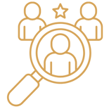 Gold line icon of a magnifying glass highlighting a person, with two additional people in the background, representing internal CEO talent search.