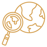 Gold line icon of a globe with a magnifying glass focusing on part of the world, representing external executive search.