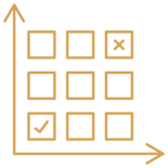 Gold line icon of a grid chart with a check mark and an X in separate boxes, representing a decision matrix.