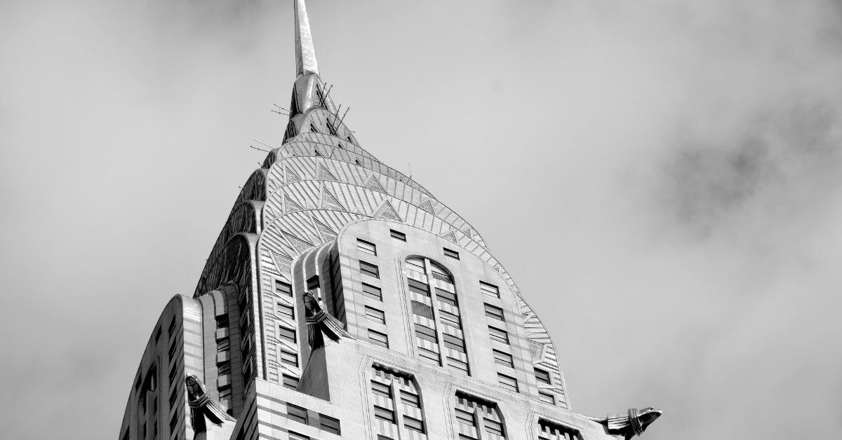 Black and white photo of the top of the Chrysler Building