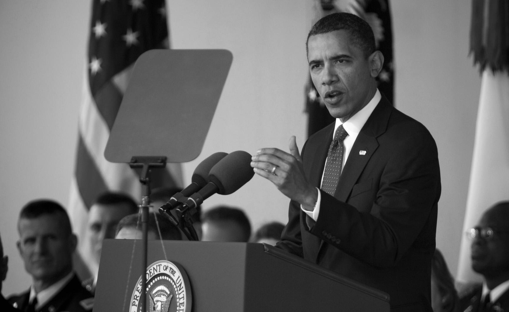Black and white picture of Barack Obama delivering a speech as President of the U