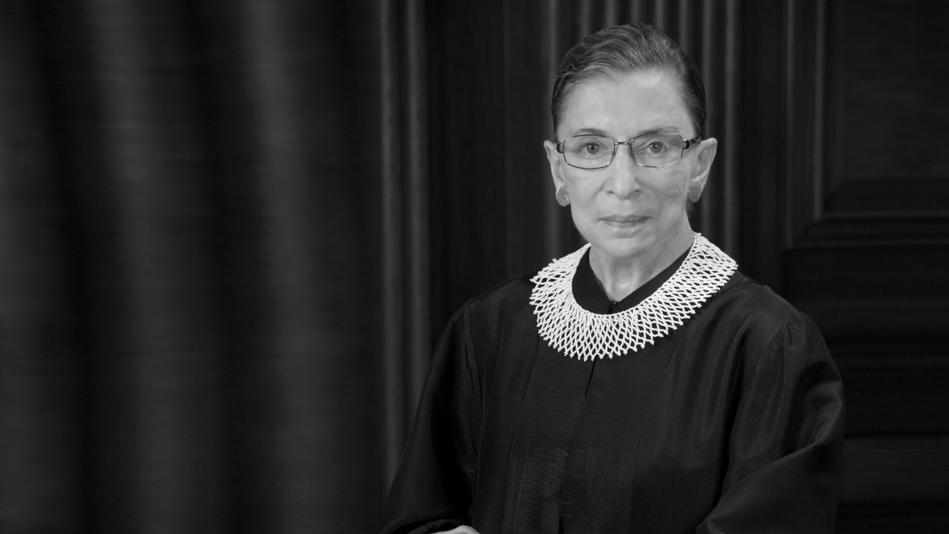 Black and white portrait of Ruth Bader Ginsburg in 